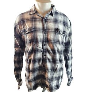 Lucky Brand Flannel Shirt Mens 2XL Gray Black Plaid Classic Fit